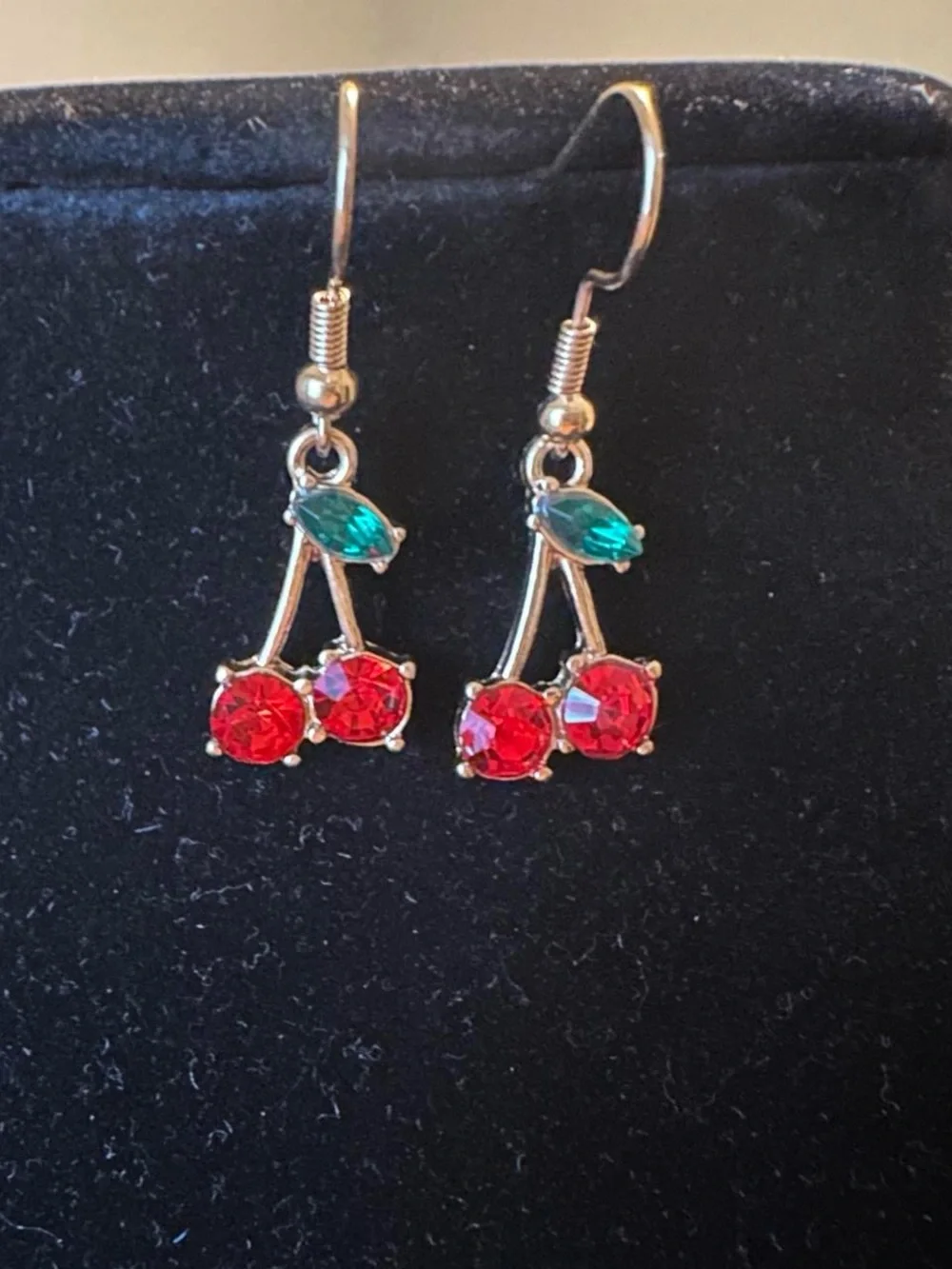 Self hand made rhinestone red cherry dangling earrings.